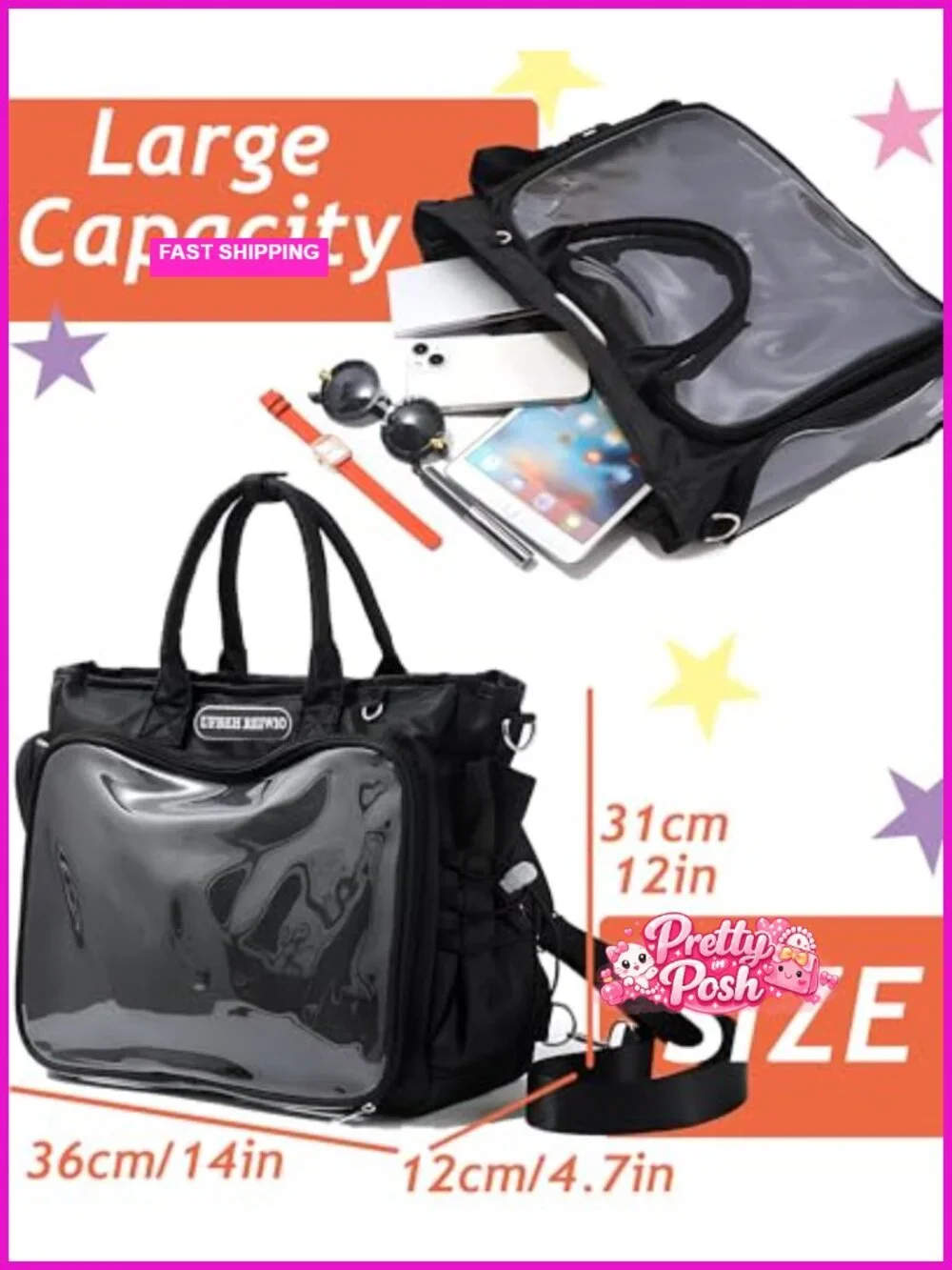 Large Ita Backpack Crossbody Tote with Clear Window and Insert for Pin Display